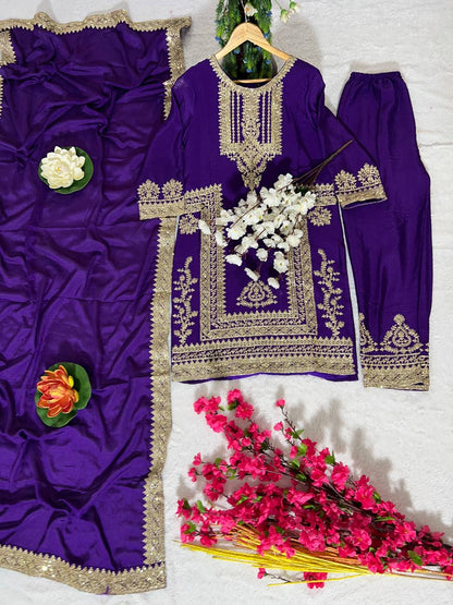 Kurti Pant 3 pcs Pair Embroidered Attractive Party Wear Chinon Silk Fabric Kurti Pair has a Regular-fit