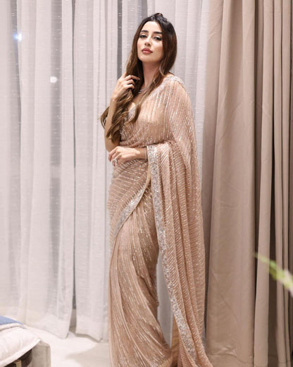 New Bollywood Blockbuster 3MM Sequins Georgette Saree with Silk Blouse | Premium Quality Embroidered Lace Border