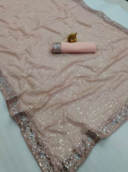 New Bollywood Blockbuster 3MM Sequins Georgette Saree with Silk Blouse | Premium Quality Embroidered Lace Border