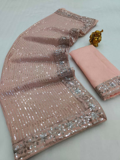New Bollywood Blockbuster 3MM Sequins Georgette Saree with Silk Blouse | Premium Quality Embroidered Lace Border