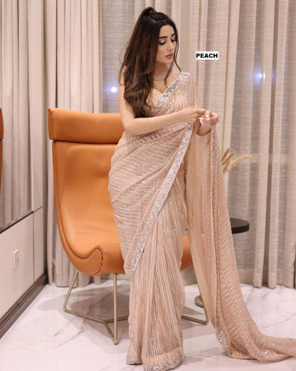 New Bollywood Blockbuster 3MM Sequins Georgette Saree with Silk Blouse | Premium Quality Embroidered Lace Border