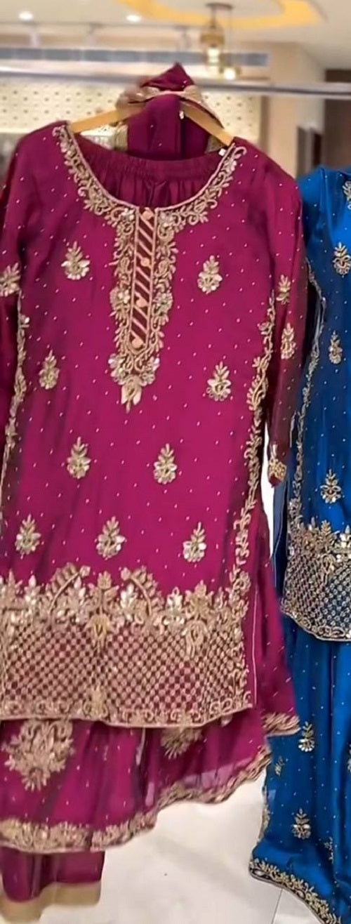 Women’s Heavy Chinon Silk Sharara Set with Dupatta | Sequence Embroidery Work | Fully Stitched Top and Palazzo | Party & Festive Wear