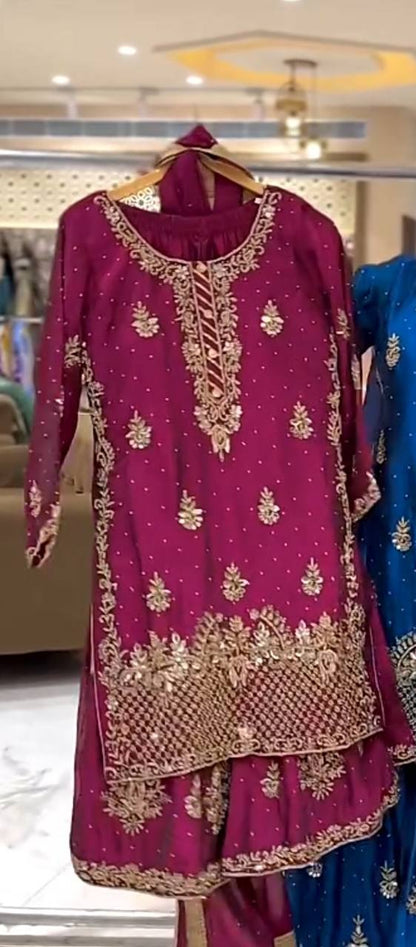 Women’s Heavy Chinon Silk Sharara Set with Dupatta | Sequence Embroidery Work | Fully Stitched Top and Palazzo | Party & Festive Wear