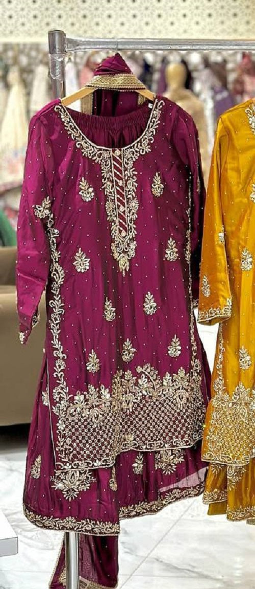 Women’s Heavy Chinon Silk Sharara Set with Dupatta | Sequence Embroidery Work | Fully Stitched Top and Palazzo | Party & Festive Wear