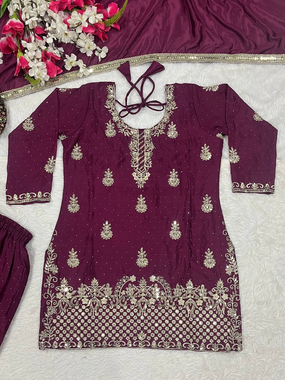 Women’s Heavy Chinon Silk Sharara Set with Dupatta | Sequence Embroidery Work | Fully Stitched Top and Palazzo | Party & Festive Wear