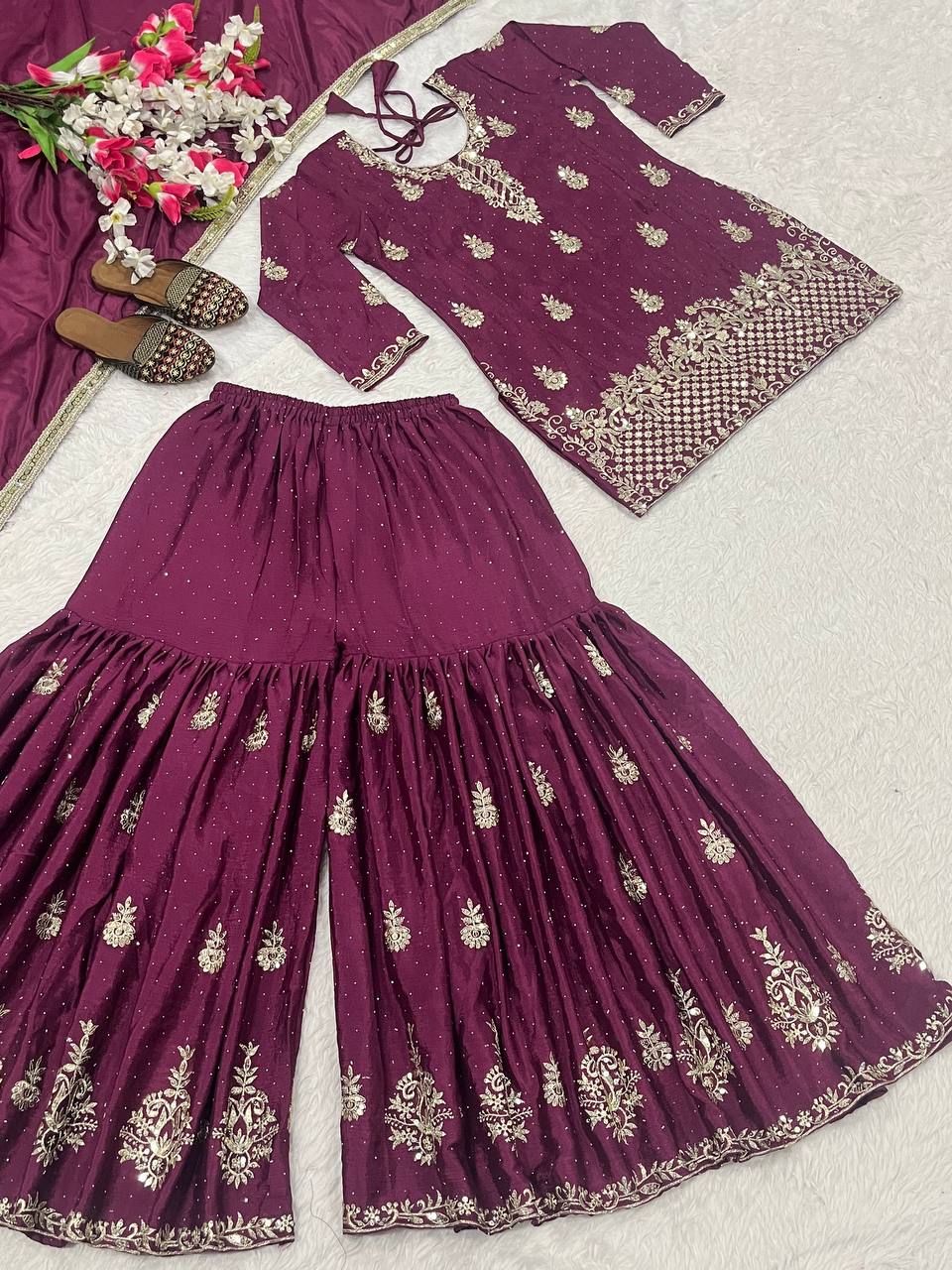 Women’s Heavy Chinon Silk Sharara Set with Dupatta | Sequence Embroidery Work | Fully Stitched Top and Palazzo | Party & Festive Wear