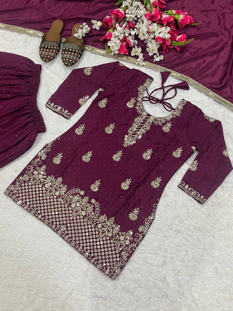 Women’s Heavy Chinon Silk Sharara Set with Dupatta | Sequence Embroidery Work | Fully Stitched Top and Palazzo | Party & Festive Wear