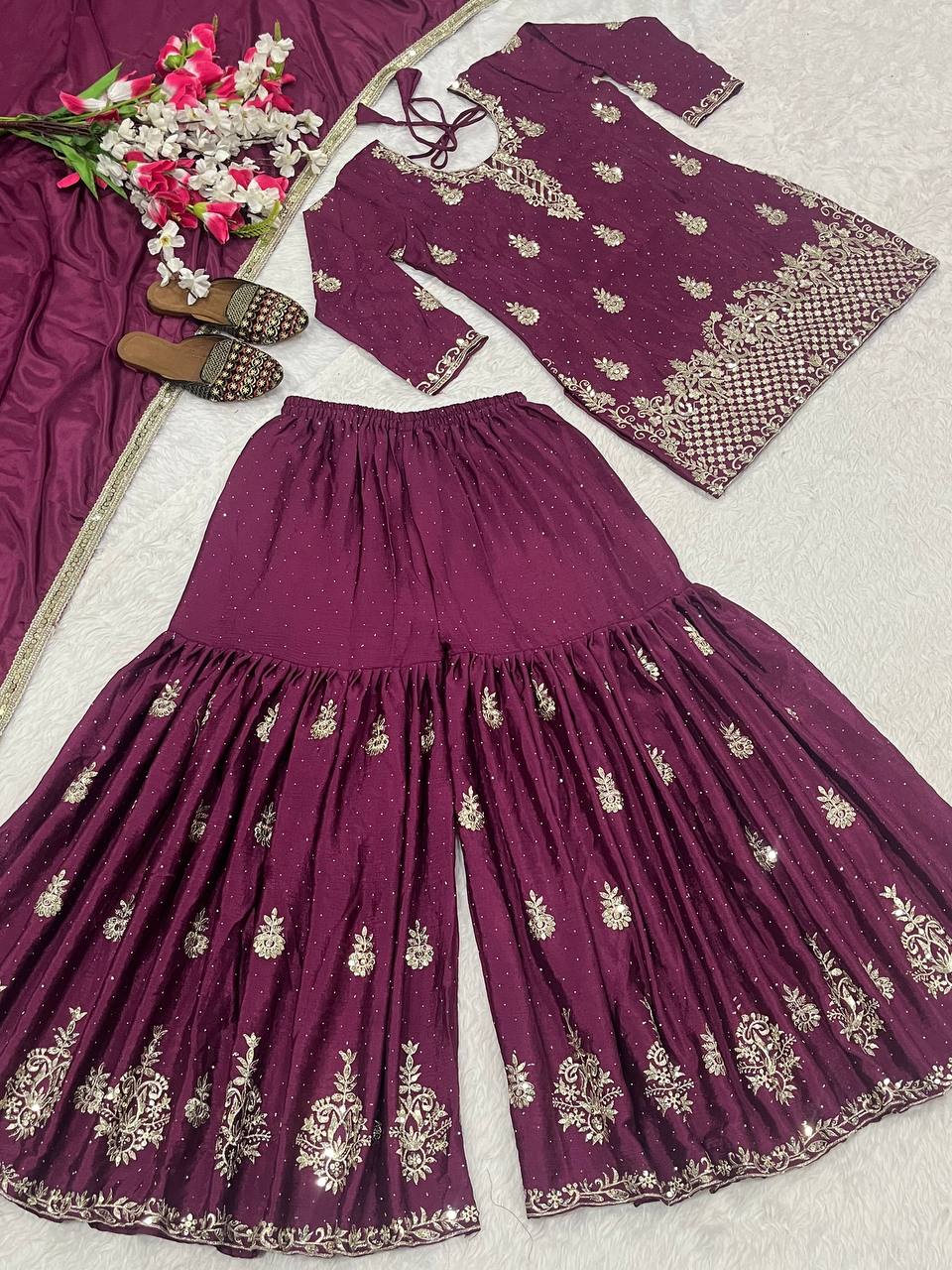 Women’s Heavy Chinon Silk Sharara Set with Dupatta | Sequence Embroidery Work | Fully Stitched Top and Palazzo | Party & Festive Wear