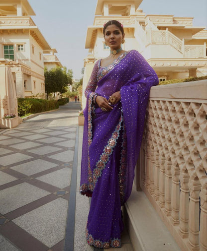 Bollywood Designer Saree for Women – Heavy Faux Georgette with Sequins & Mirror Work, Stitched Blouse