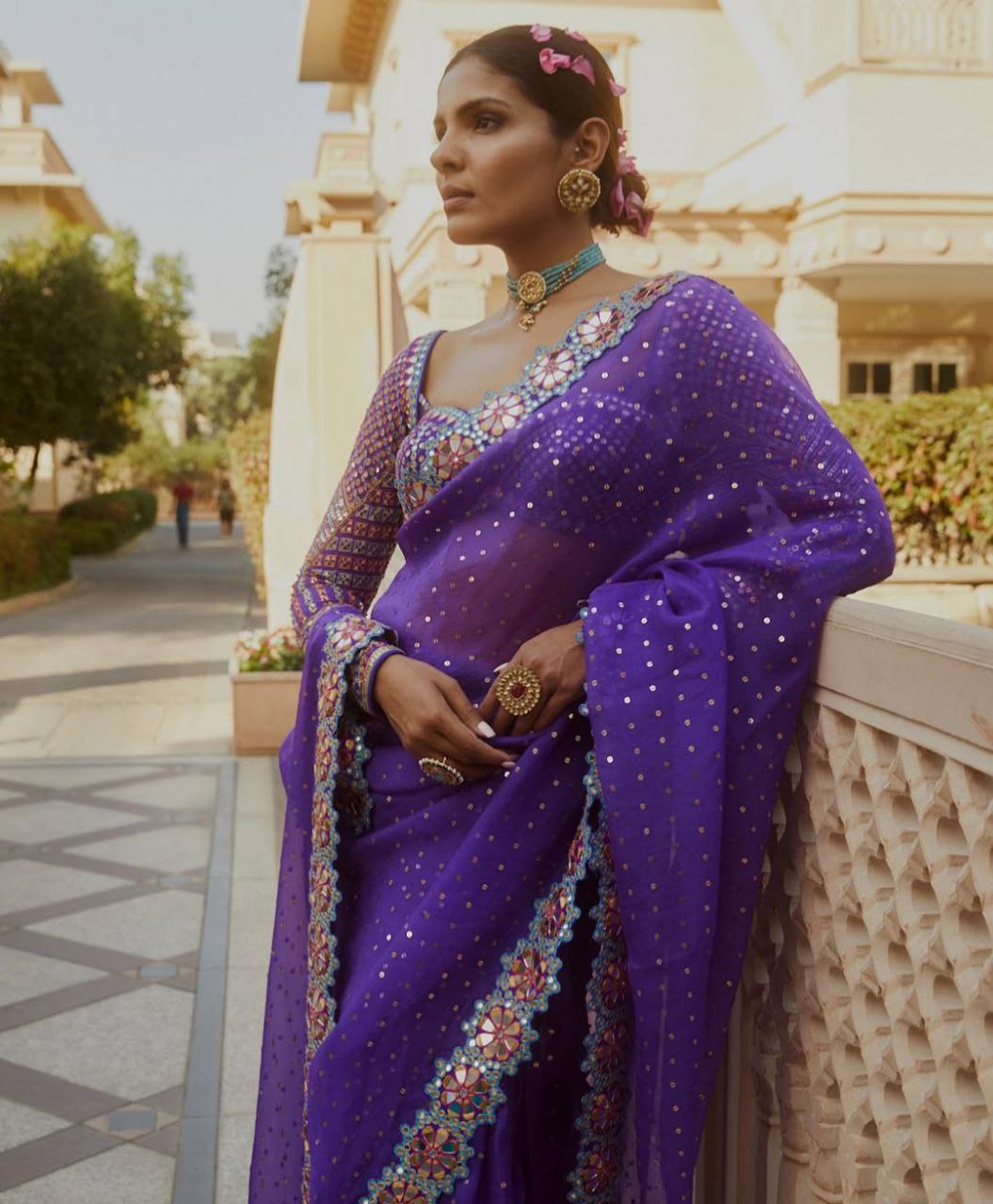 Bollywood Designer Saree for Women – Heavy Faux Georgette with Sequins & Mirror Work, Stitched Blouse