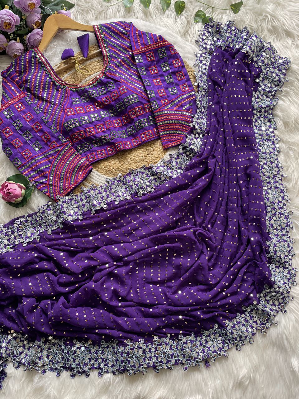 Bollywood Designer Saree for Women – Heavy Faux Georgette with Sequins & Mirror Work, Stitched Blouse