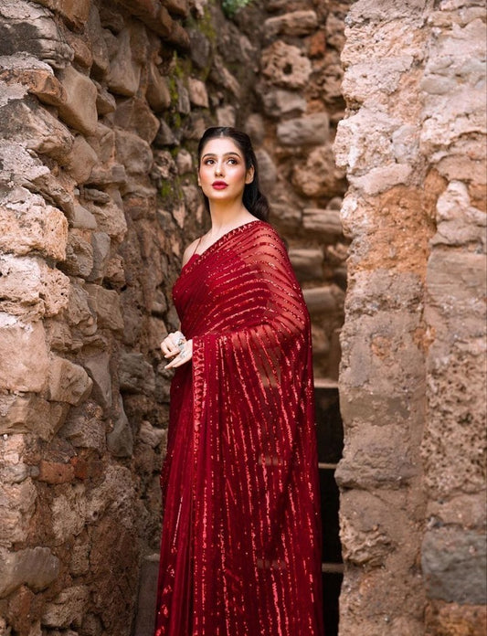 Red Bollywood Celebrity Style Designer Sequence Lace Border Saree Indian Wedding Beautiful Saree Customize Silk Blouse With Ready To Wear Saree