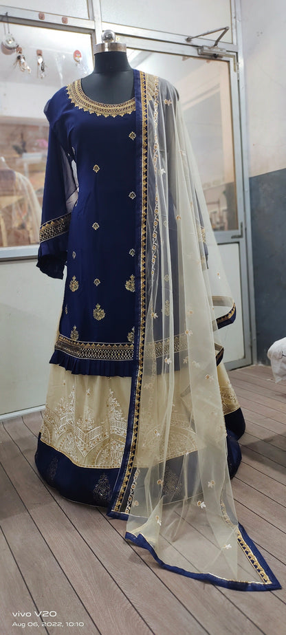 Latest Design Lehenga Style Suit For Women Blue Embroidered Semi-Stitched Top salwar suit Set with Dupatta