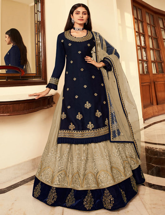 Latest Design Lehenga Style Suit For Women Blue Embroidered Semi-Stitched Top salwar suit Set with Dupatta