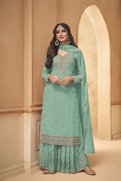 Amazing Georgette Thread Work Semi Stitched Sharara Plazzo Salwar Suit For Women
