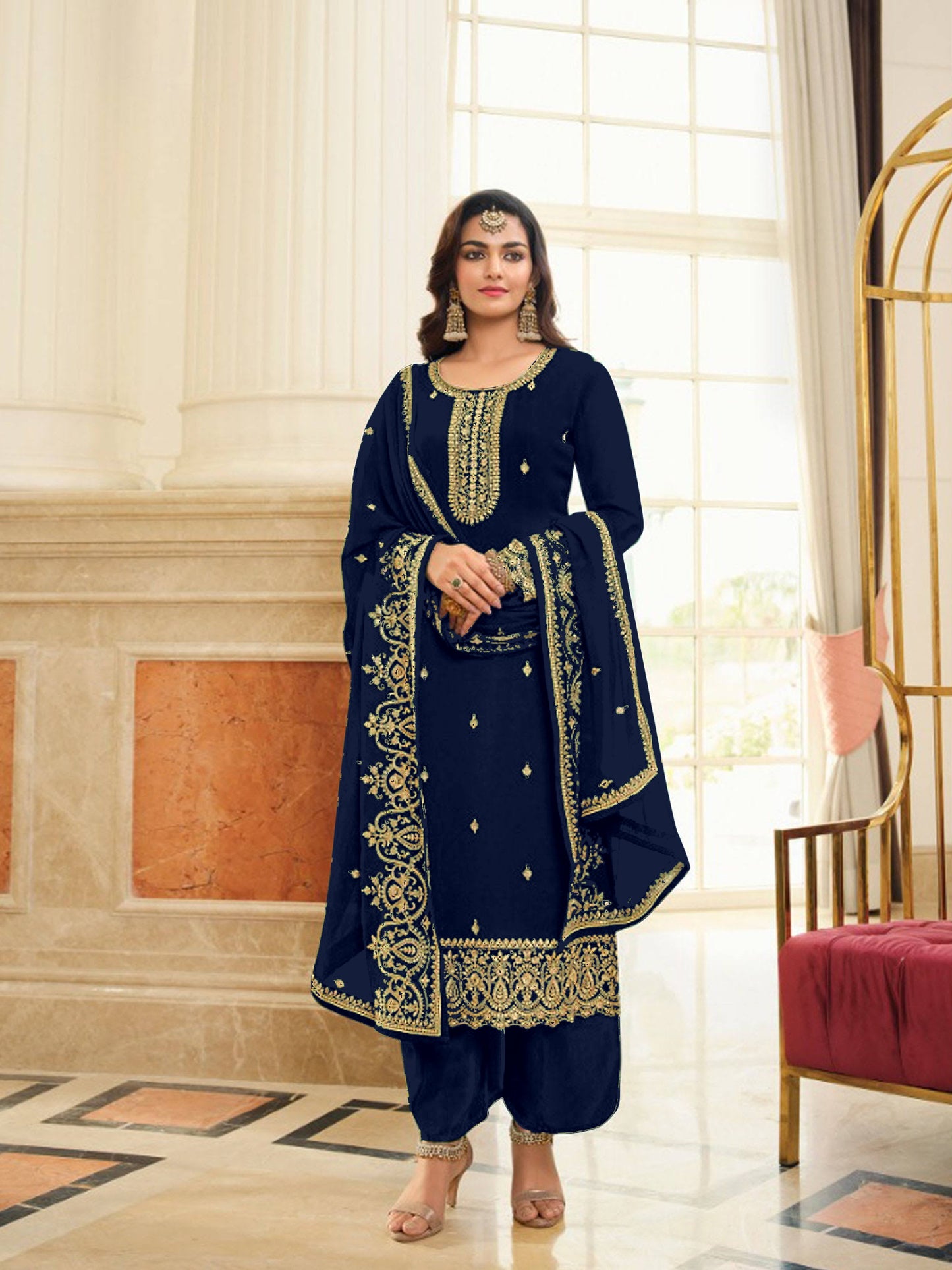 Punjabi Woman's Style Georgette zari & Embroidery Dupatta plazzo fancy salwar suit set