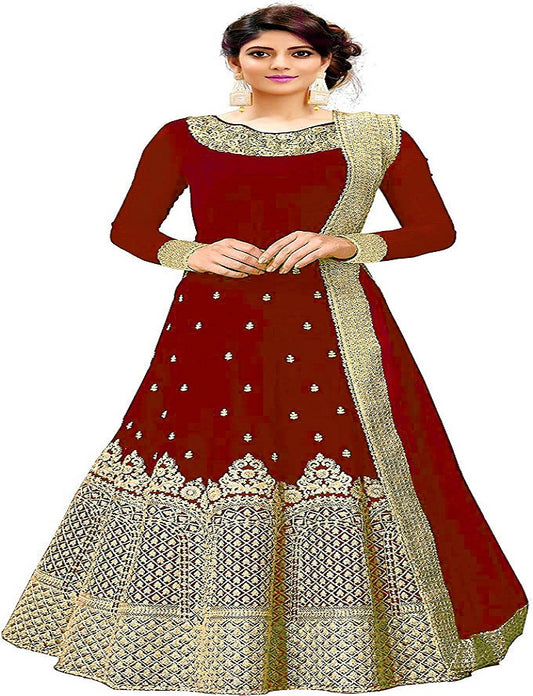 Embroidered Anarkali Silk Blend Maroon Full Sleeve Round Neck Semi Stitched Casual Women Wedding  Gown