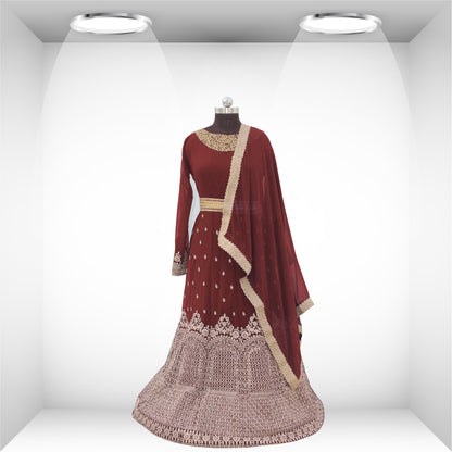 Embroidered Anarkali Silk Blend Maroon Full Sleeve Round Neck Semi Stitched Casual Women Wedding  Gown