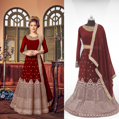 Embroidered Anarkali Silk Blend Maroon Full Sleeve Round Neck Semi Stitched Casual Women Wedding  Gown
