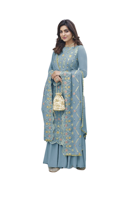 Woman's Wear Designer Outfits Collection Indian Pakistani Wedding Wear Embroidery Worked Straight Shalwar Kameez Palazzo Dupatta Suit