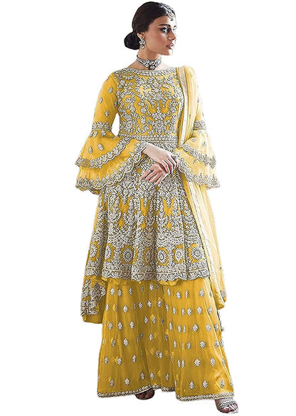 Women' Embroidered Flared Semi Stitched Dress Material With Stitched Bottom and Dupatta