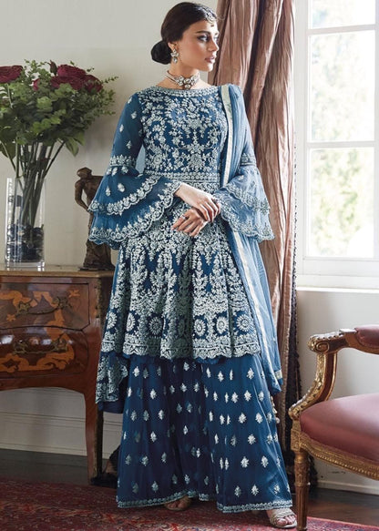 Women' Embroidered Flared Semi Stitched Dress Material With Stitched Bottom and Dupatta