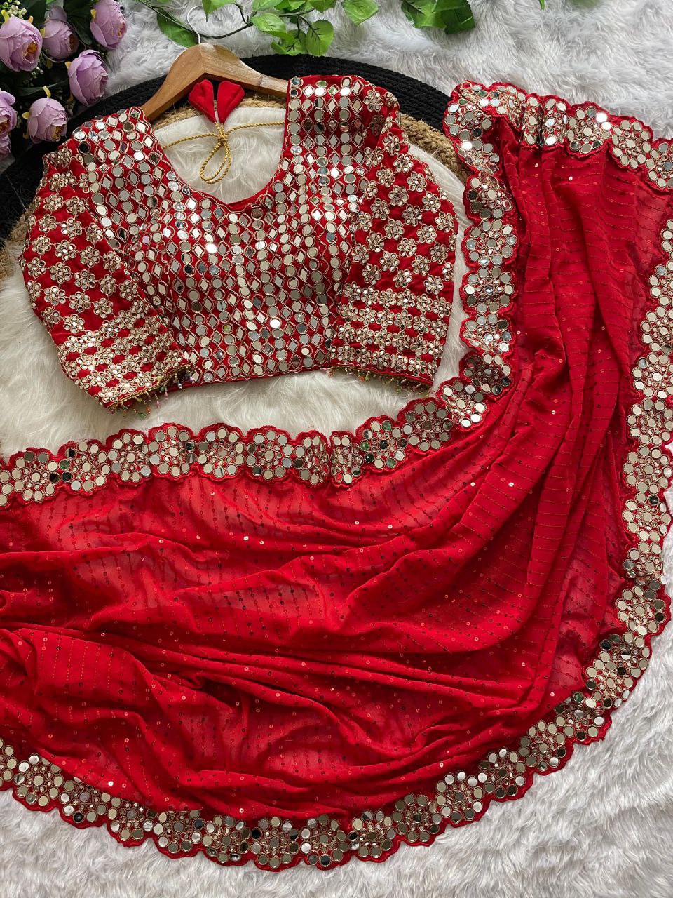 Heavy Faux Georgette Saree with Sequin Work, Mirror Lace Border & Embroidered Blouse