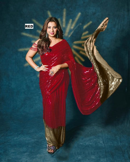Women’s 60 GSM Georgette Saree with Heavy 5MM & 3MM Dual Sequin Embroidery | Cutwork Lace Border | 4.4M Work Done | Silk Blouse | Party & Festive Wear