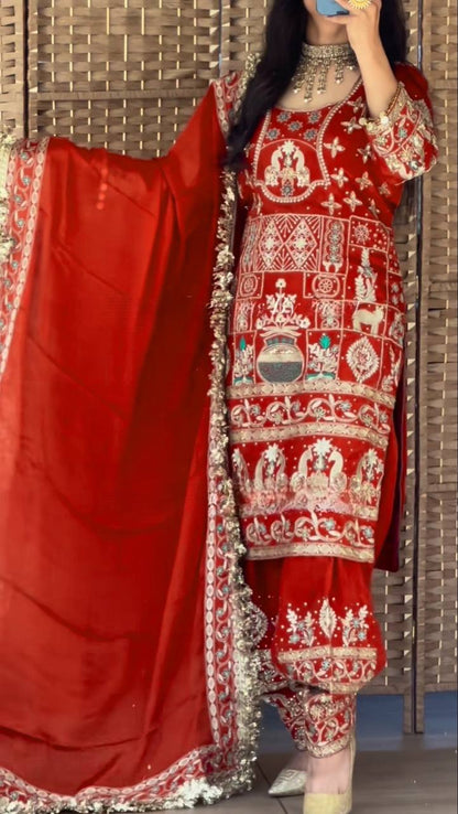 Women’s Natural Crepe Embroidered Dhoti Set with Dupatta | Sequence Work | Fully Stitched Top & Dhoti Style Bottom | Festive & Party Wear