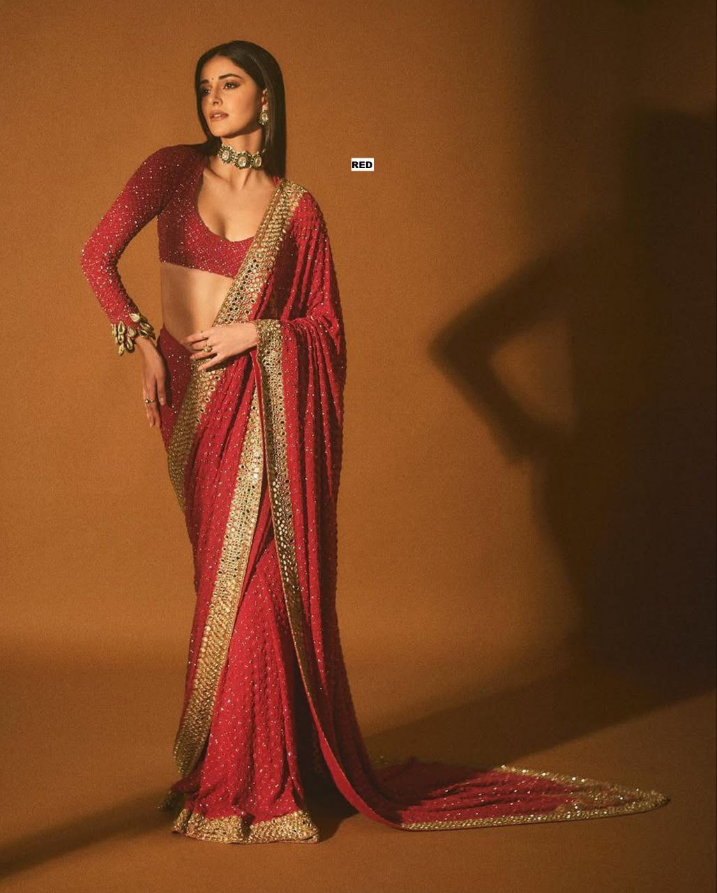 Heavy Quality Faux Georgette Saree with Jari Embroidery & LCD Diamond Mirror Border | 4.4 Mtr Work | Banglori Silk Blouse with Heavy Embroidery & LCD Diamond (Unstitched)