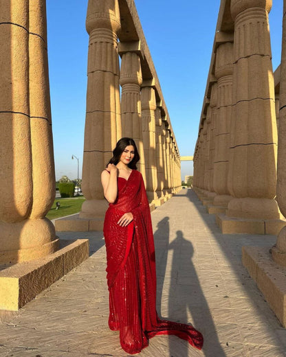 New Bollywood Blockbuster 3MM Sequins Georgette Saree with Silk Blouse | Premium Quality Embroidered Lace Border
