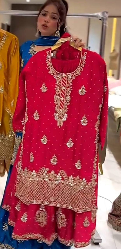 Women’s Heavy Chinon Silk Sharara Set with Dupatta | Sequence Embroidery Work | Fully Stitched Top and Palazzo | Party & Festive Wear