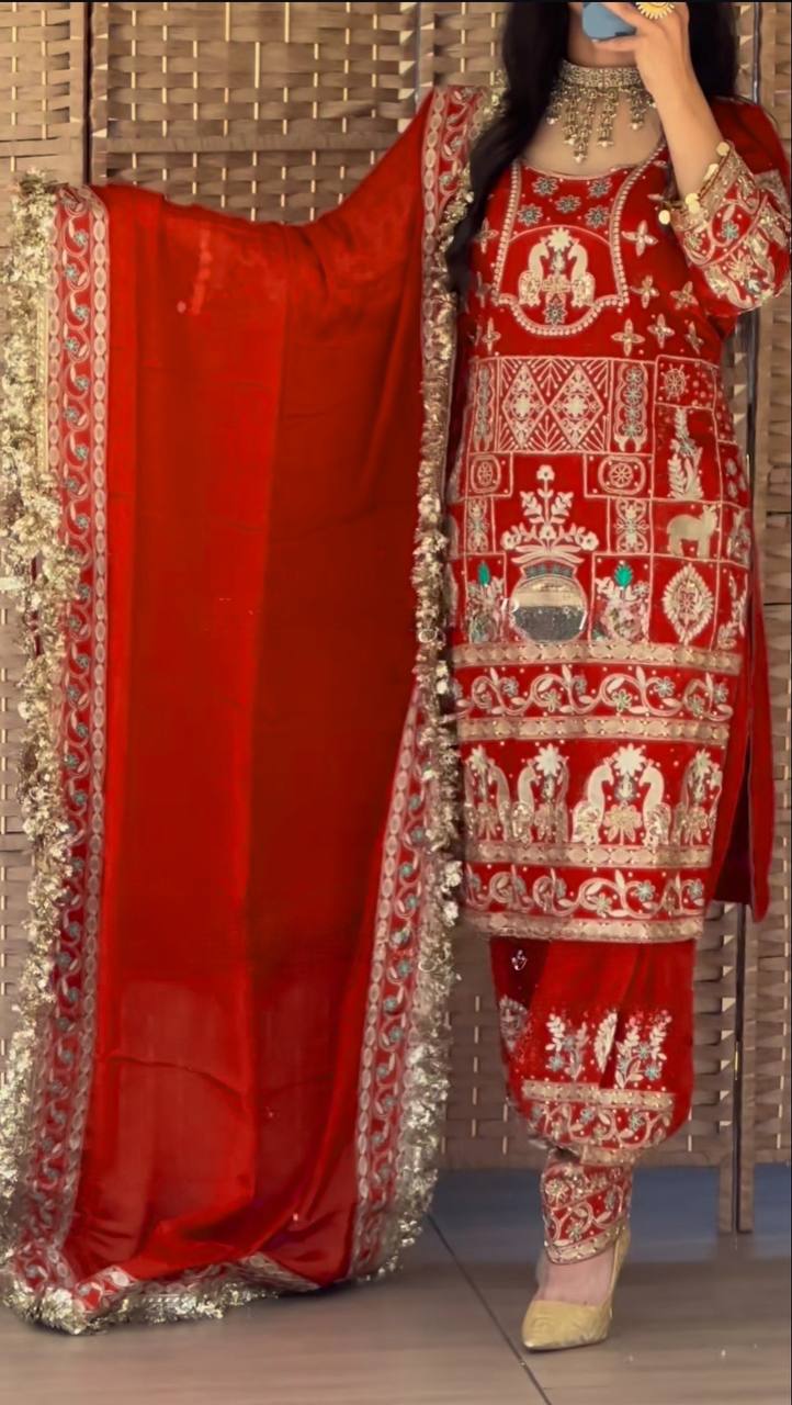 Women’s Natural Crepe Embroidered Dhoti Set with Dupatta | Sequence Work | Fully Stitched Top & Dhoti Style Bottom | Festive & Party Wear