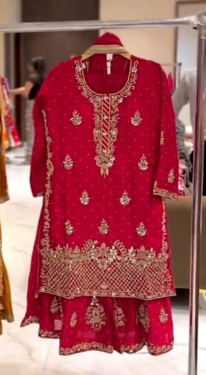 Women’s Heavy Chinon Silk Sharara Set with Dupatta | Sequence Embroidery Work | Fully Stitched Top and Palazzo | Party & Festive Wear