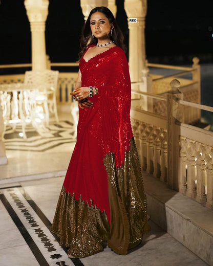 Women’s Georgette Saree with Heavy Dual Sequin Embroidery | Silk Blouse | Cutwork Lace Border | 4.4M Work Done