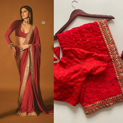 Heavy Quality Faux Georgette Saree with Jari Embroidery & LCD Diamond Mirror Border | 4.4 Mtr Work | Banglori Silk Blouse with Heavy Embroidery & LCD Diamond (Unstitched)