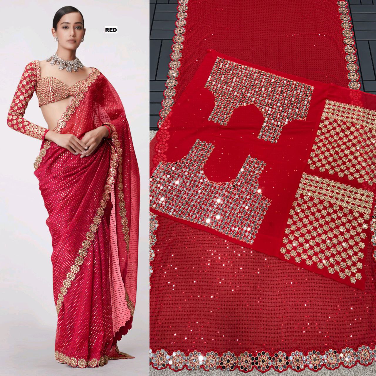 Heavy Faux Georgette Saree with Sequin Work, Mirror Lace Border & Embroidered Blouse