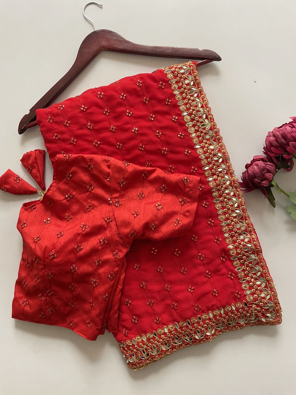 Heavy Quality Faux Georgette Saree with Jari Embroidery & LCD Diamond Mirror Border | 4.4 Mtr Work | Banglori Silk Blouse with Heavy Embroidery & LCD Diamond (Unstitched)