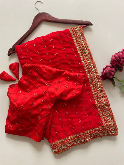 Heavy Quality Faux Georgette Saree with Jari Embroidery & LCD Diamond Mirror Border | 4.4 Mtr Work | Banglori Silk Blouse with Heavy Embroidery & LCD Diamond (Unstitched)