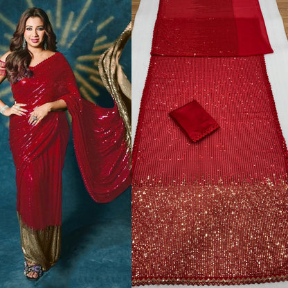 Women’s 60 GSM Georgette Saree with Heavy 5MM & 3MM Dual Sequin Embroidery | Cutwork Lace Border | 4.4M Work Done | Silk Blouse | Party & Festive Wear