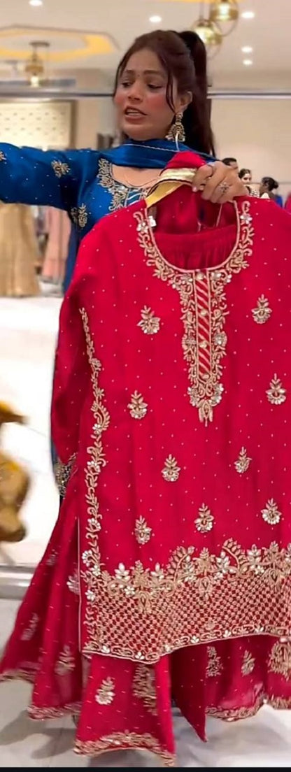 Women’s Heavy Chinon Silk Sharara Set with Dupatta | Sequence Embroidery Work | Fully Stitched Top and Palazzo | Party & Festive Wear