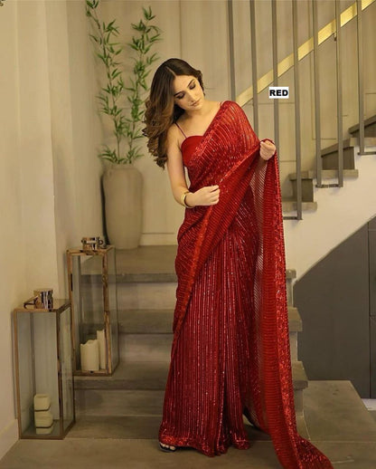 New Bollywood Blockbuster 3MM Sequins Georgette Saree with Silk Blouse | Premium Quality Embroidered Lace Border