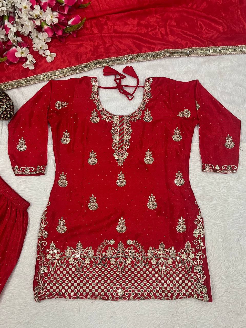 Women’s Heavy Chinon Silk Sharara Set with Dupatta | Sequence Embroidery Work | Fully Stitched Top and Palazzo | Party & Festive Wear