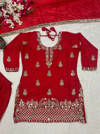Women’s Heavy Chinon Silk Sharara Set with Dupatta | Sequence Embroidery Work | Fully Stitched Top and Palazzo | Party & Festive Wear