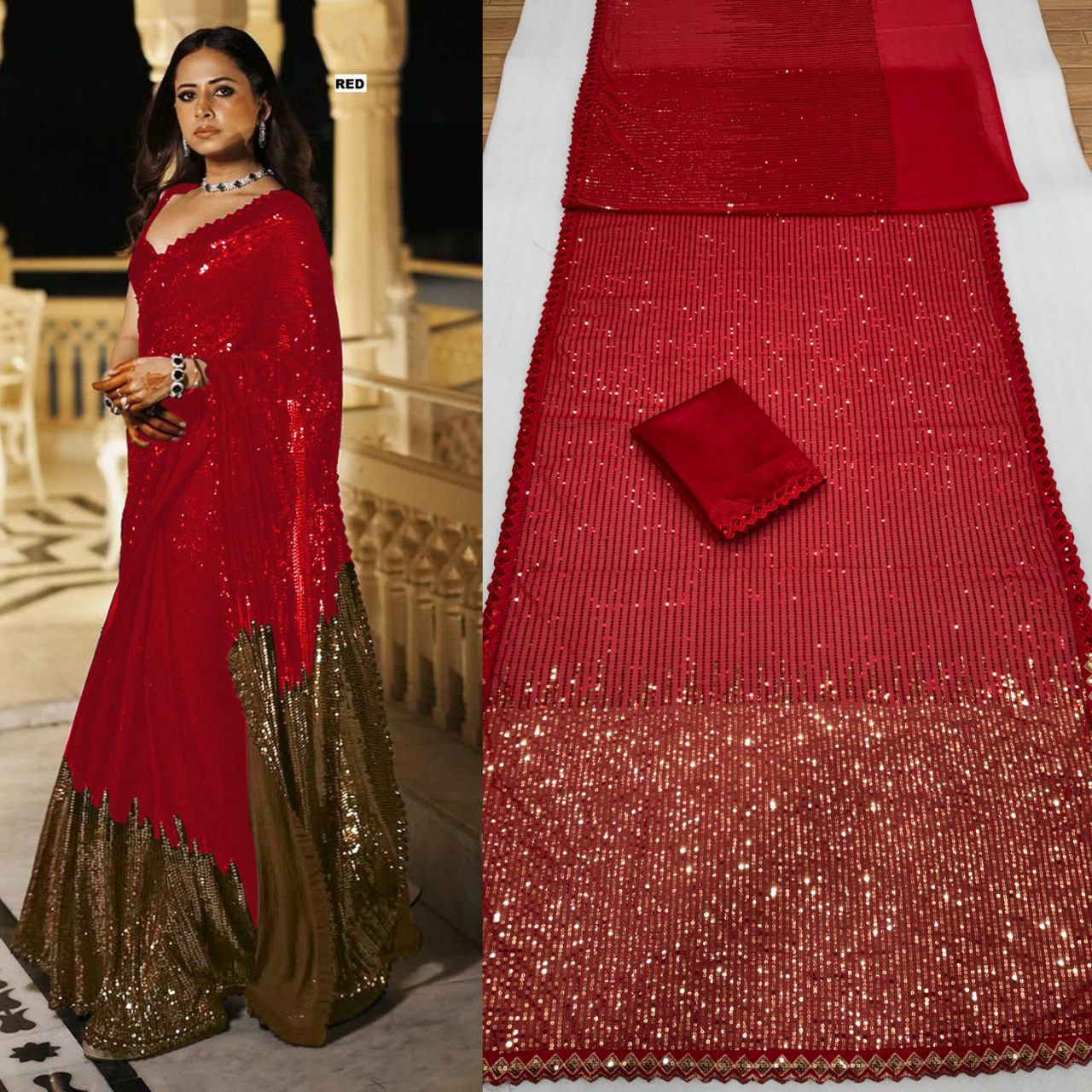 Women’s Georgette Saree with Heavy Dual Sequin Embroidery | Silk Blouse | Cutwork Lace Border | 4.4M Work Done