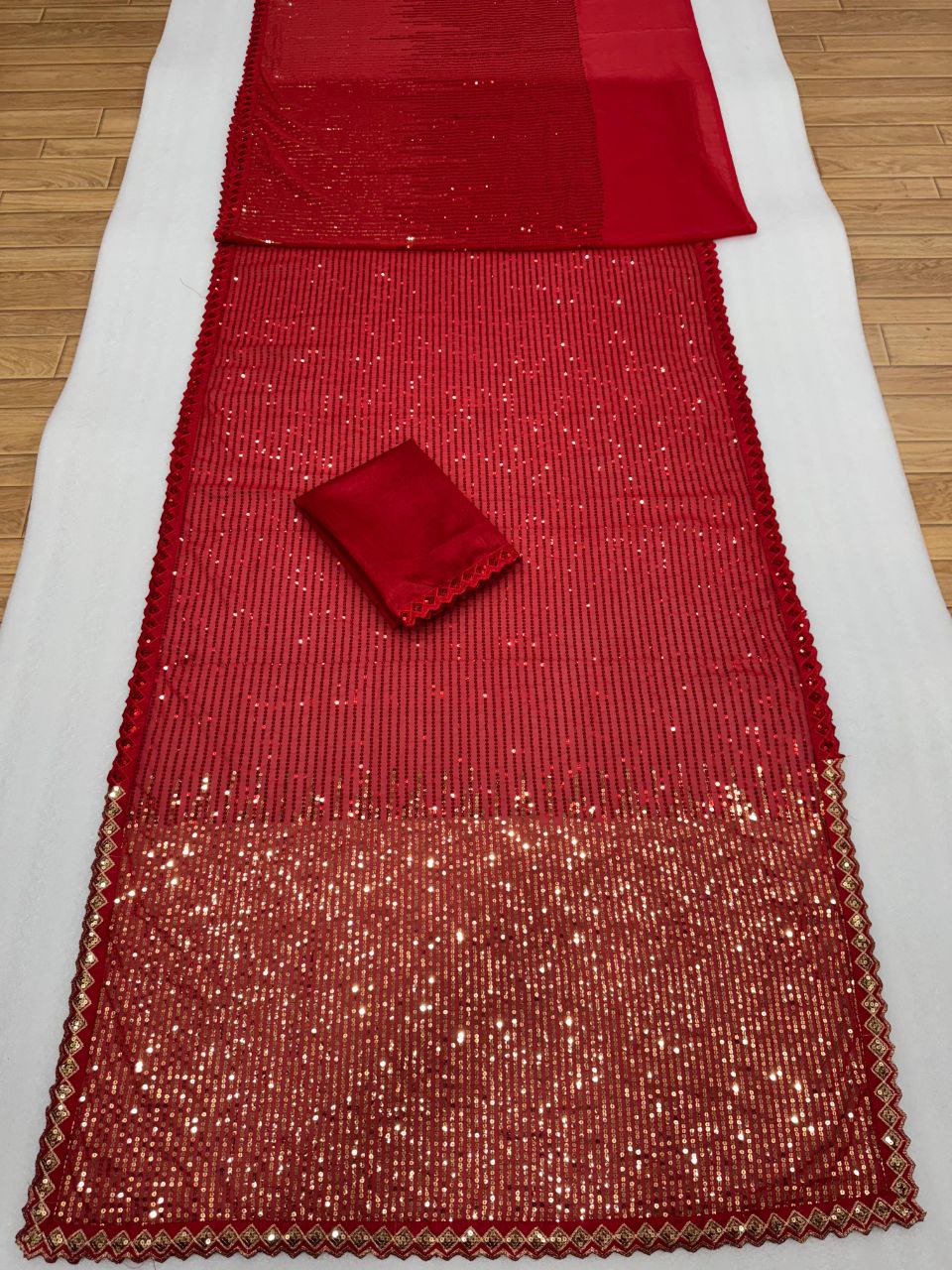 Women’s 60 GSM Georgette Saree with Heavy 5MM & 3MM Dual Sequin Embroidery | Cutwork Lace Border | 4.4M Work Done | Silk Blouse | Party & Festive Wear