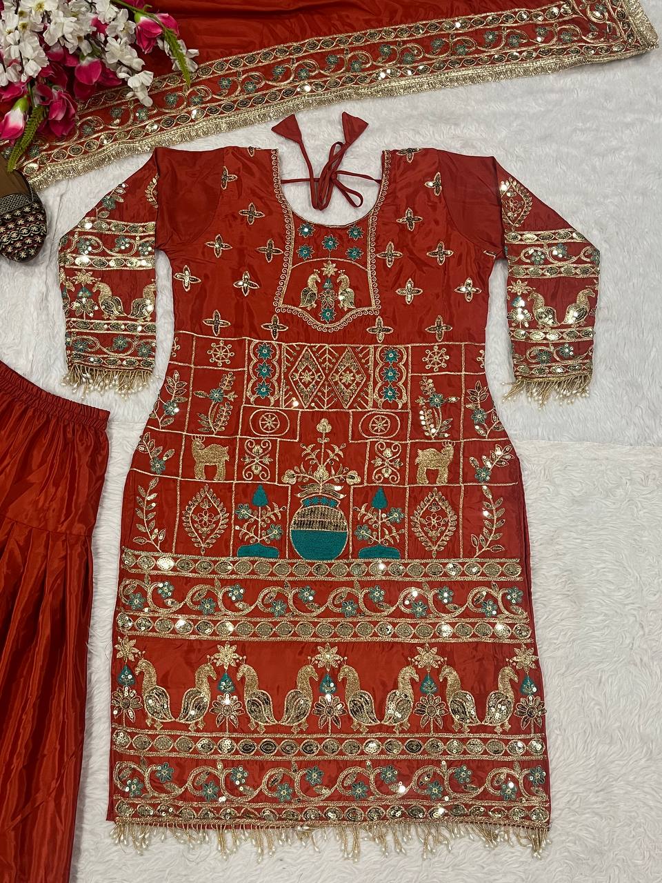 Women’s Natural Crepe Embroidered Dhoti Set with Dupatta | Sequence Work | Fully Stitched Top & Dhoti Style Bottom | Festive & Party Wear