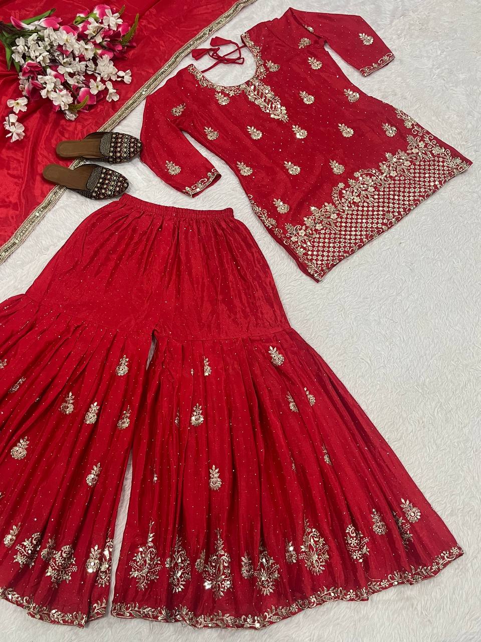 Women’s Heavy Chinon Silk Sharara Set with Dupatta | Sequence Embroidery Work | Fully Stitched Top and Palazzo | Party & Festive Wear
