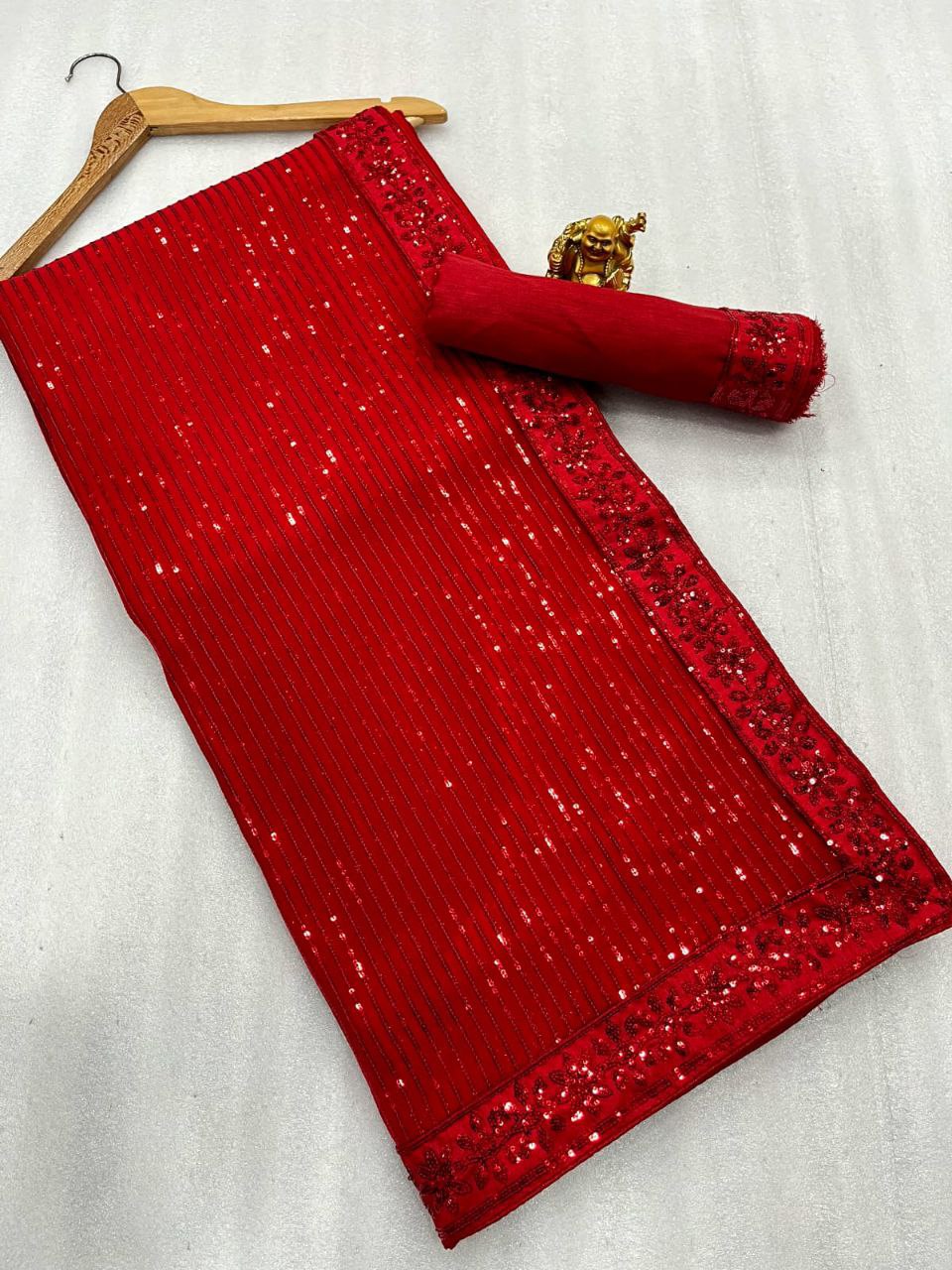 New Bollywood Blockbuster 3MM Sequins Georgette Saree with Silk Blouse | Premium Quality Embroidered Lace Border