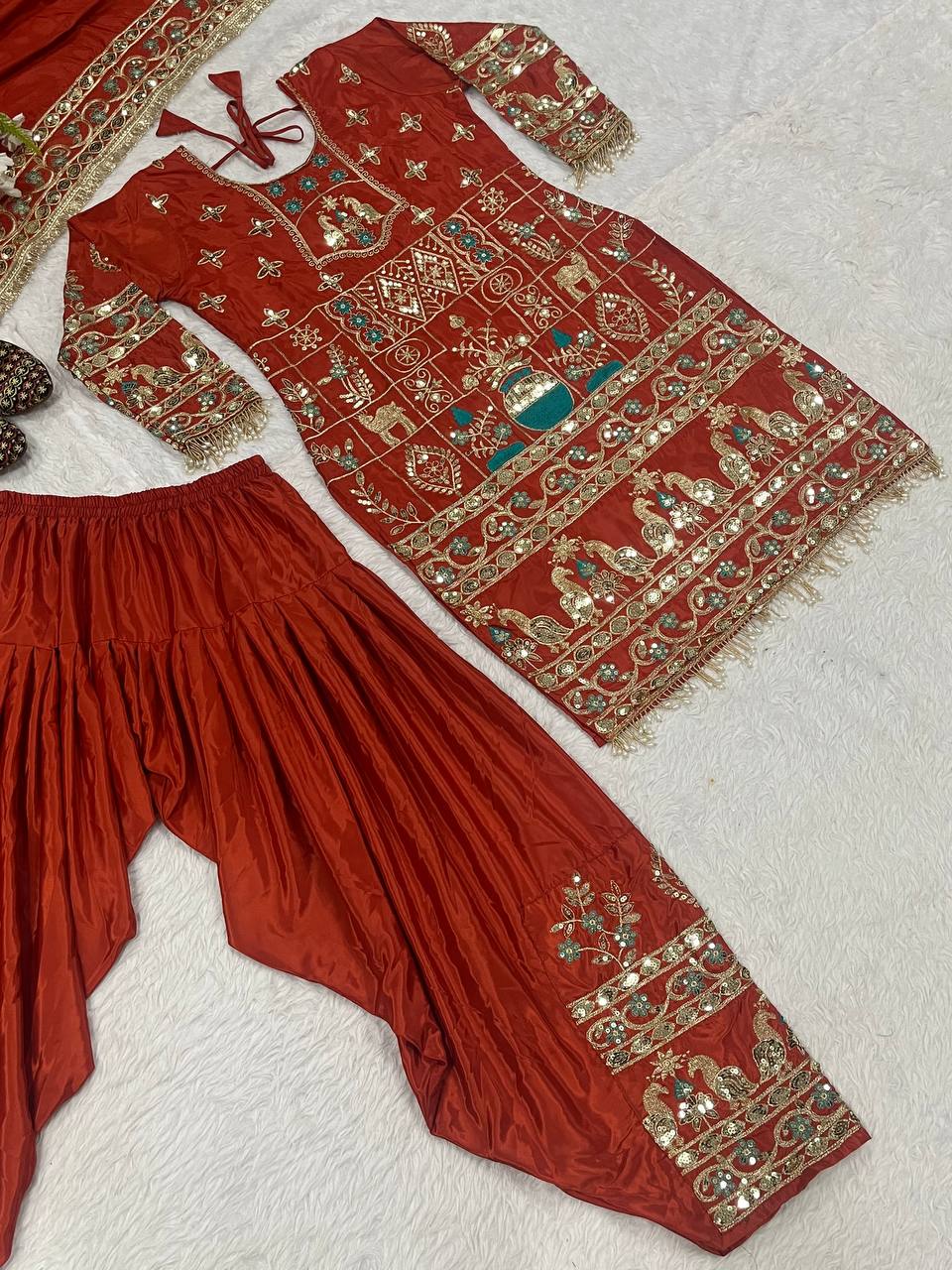 Women’s Natural Crepe Embroidered Dhoti Set with Dupatta | Sequence Work | Fully Stitched Top & Dhoti Style Bottom | Festive & Party Wear